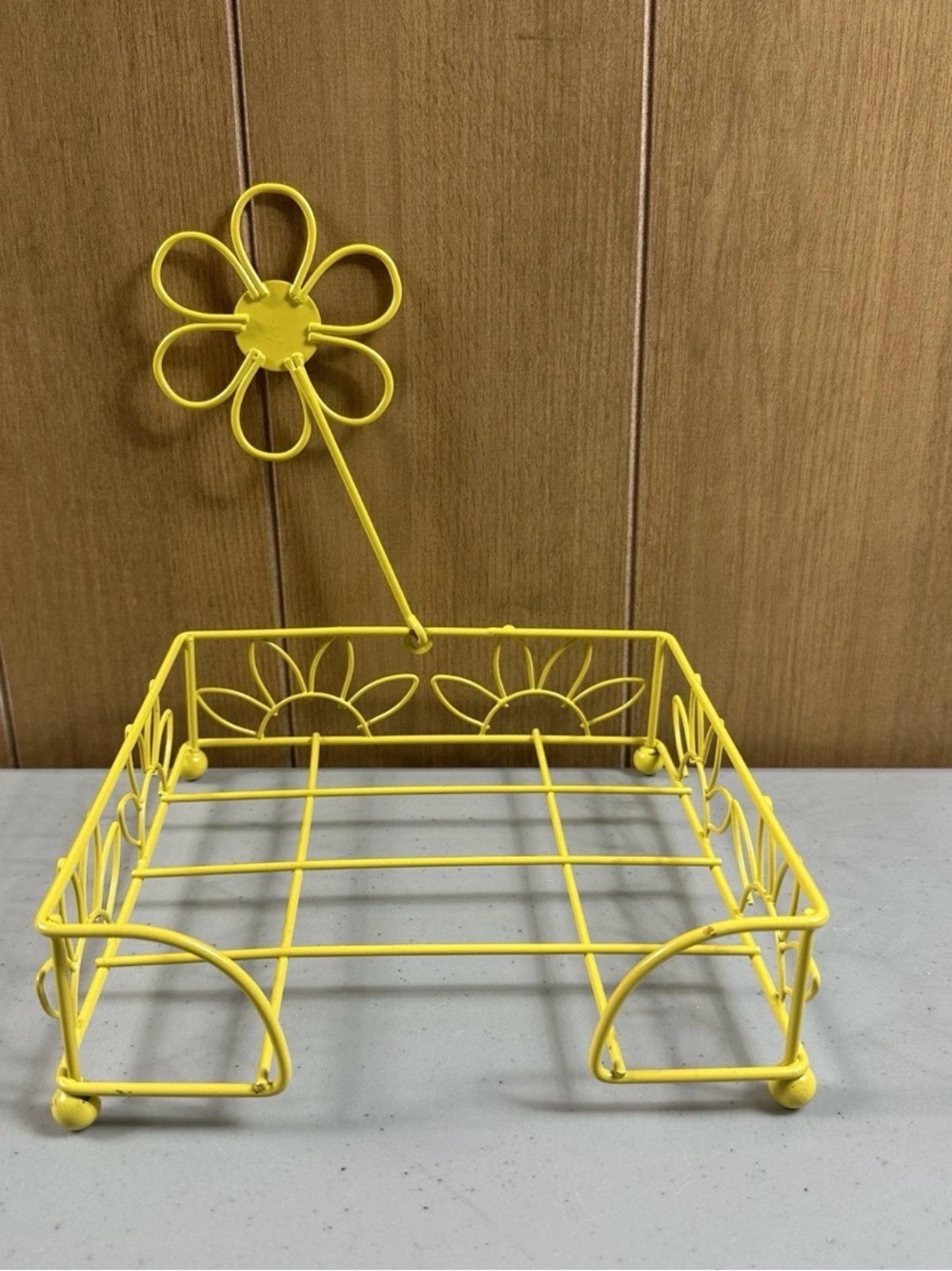 Vintage MCM Yellow Flower Napkin Holder Retro 60s 70s Kitchen Decor Wire Cage
